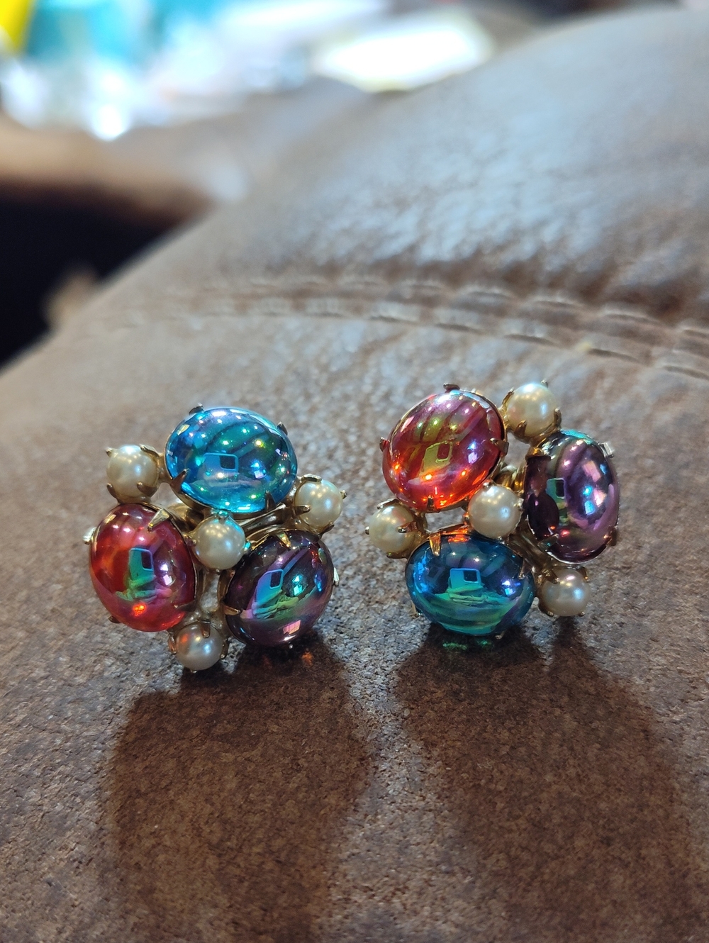 Bogoff Pool Of Light Cluster Glass Cabochon &  Pearl Clip-On Earrings